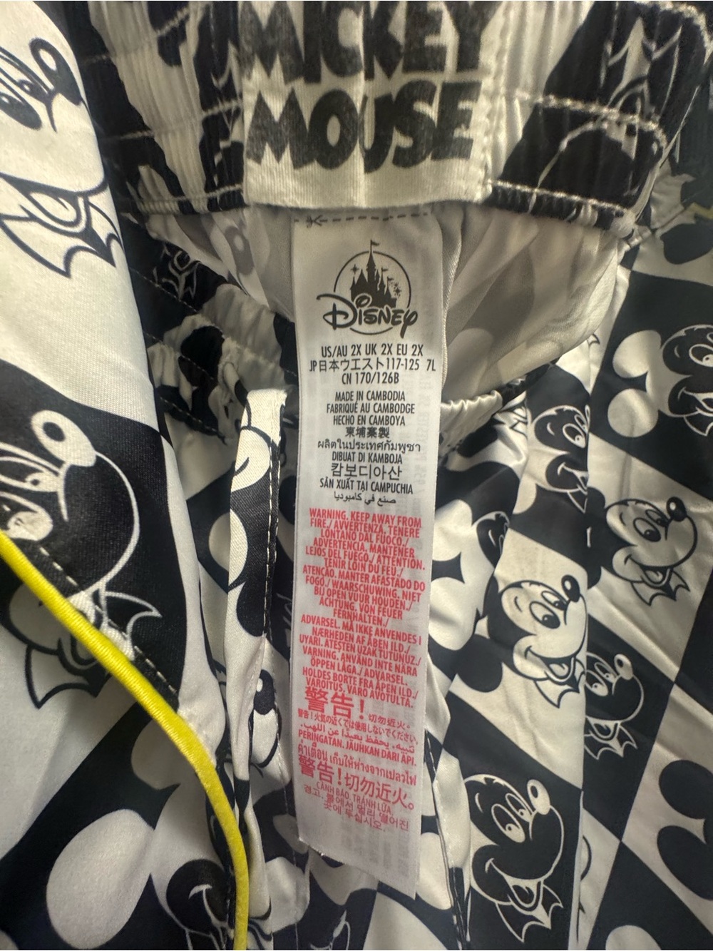 Disney Black and White Mickey Mouse Print Satin Pajama Top with Yellow Trim - Picture 2 of 6